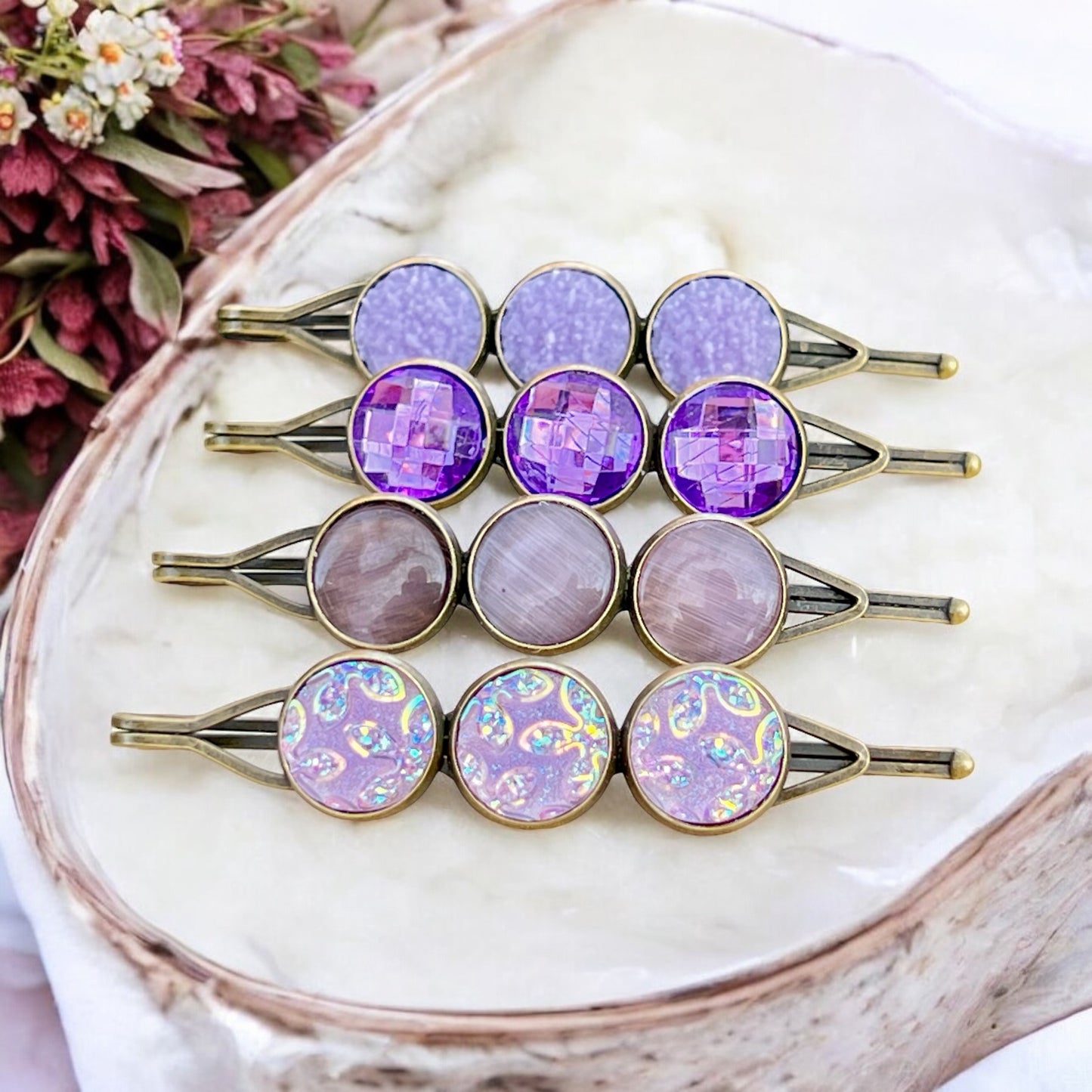 Purple Druzy Hair Pins – Set of 4 Sparkly Boho Accessories