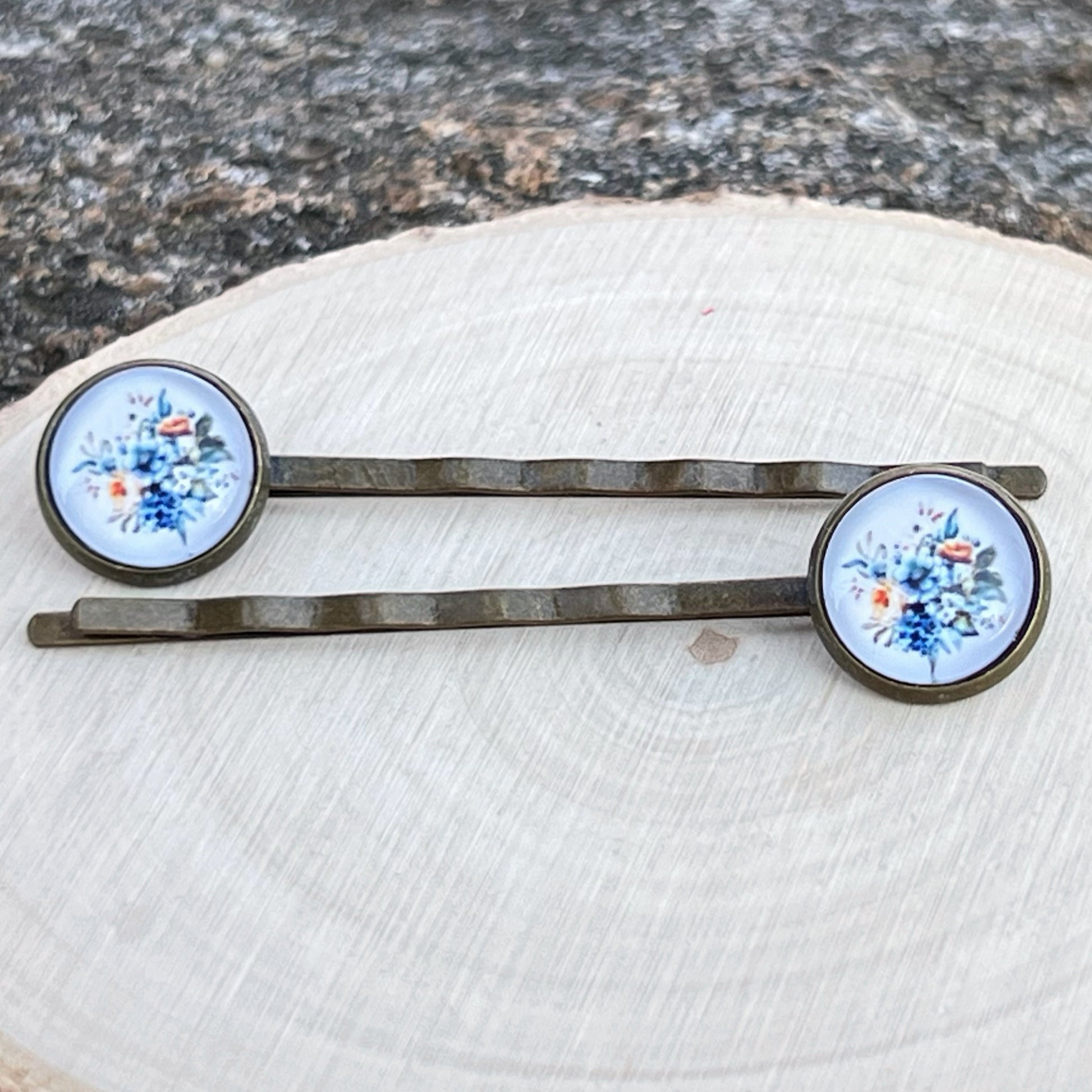 Blue Floral Hair Pins – Set of 2 Vintage Cottagecore Accessories
