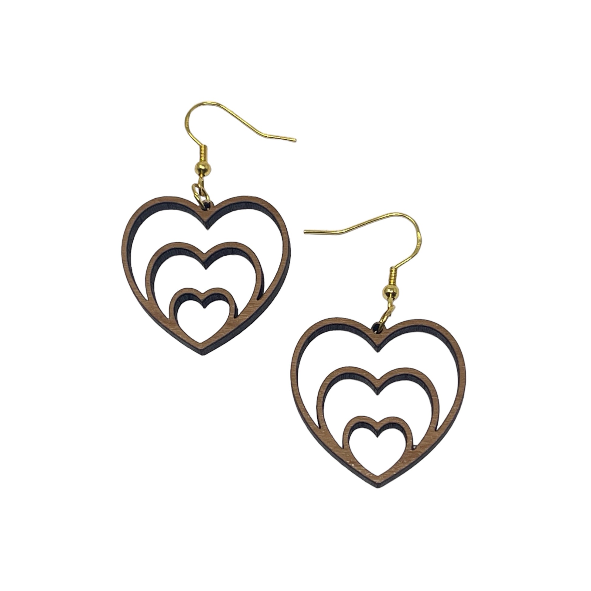 Nested Triple Heart Wood Earrings, Rustic Valentines Dangle Earrings, Cute Holiday Earrings, Wooden Cutout Earrings, Country Western Boho Jewelry