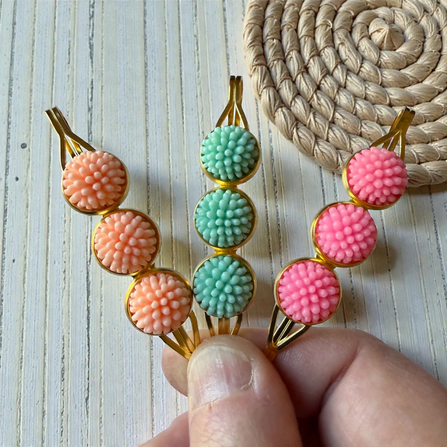 Pastel Pom Pom Flower Hair Pins – Pink Mint Peach Gold Bobby Pins
