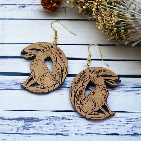 Wooden Bunny Earrings with Crescent Moon & Wheat Design - Whimsical and Nature-Inspired Accessories