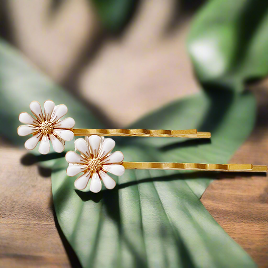 White Flower Decorative Enamel Hair Pins - Boho Accessories Set