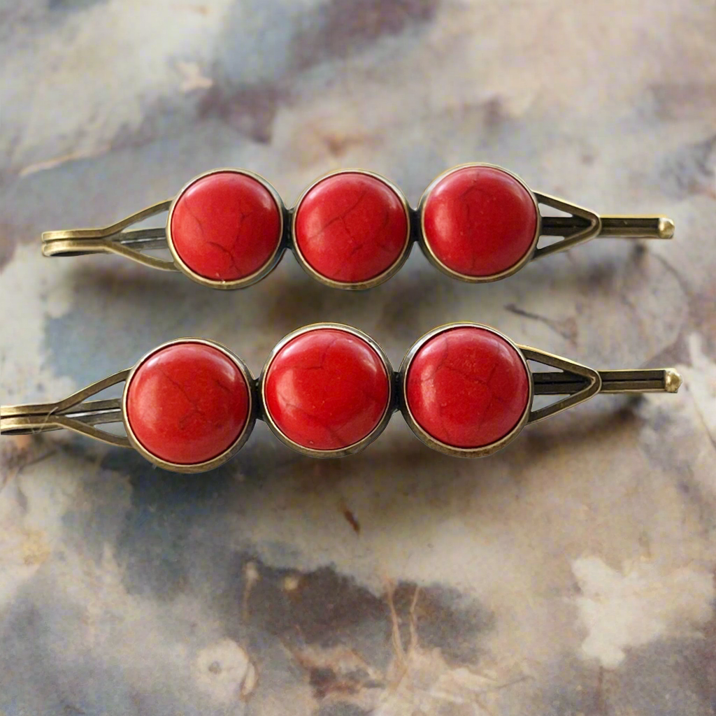 Red Stone Hair Pins – Rustic Boho Hair Clips with Antique Bronze Setting