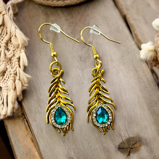 Peacock Feather Earrings – Gold Boho Glam Dangle Jewelry