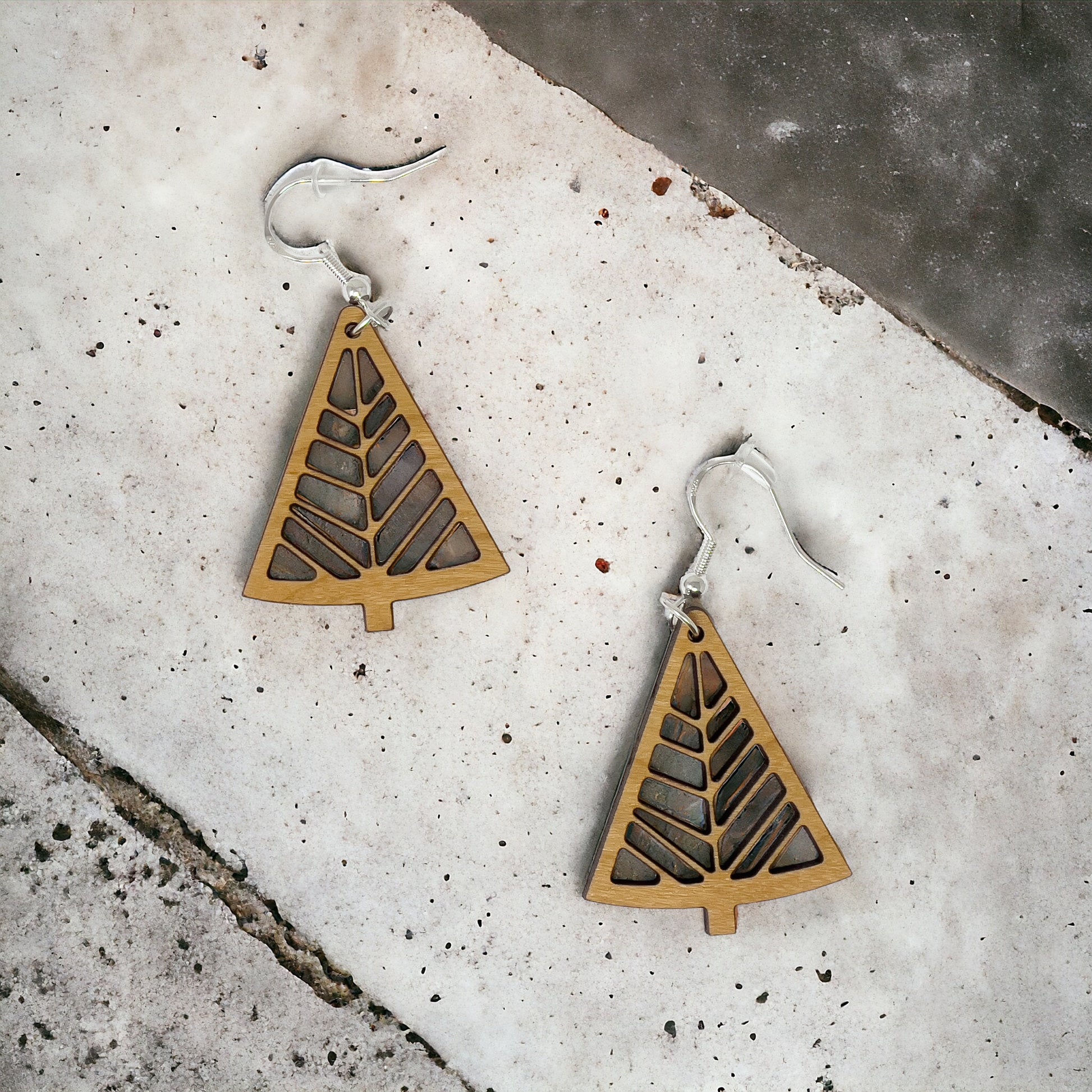 Geometric Tree Cutout Earrings – Modern Wooden Holiday Jewelry