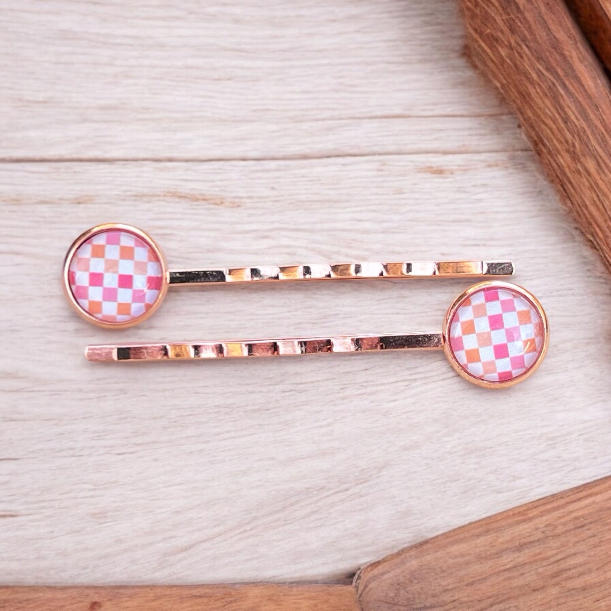 Pink & Orange Gingham Hair Pins – Set of 2 Rose Gold Accessories