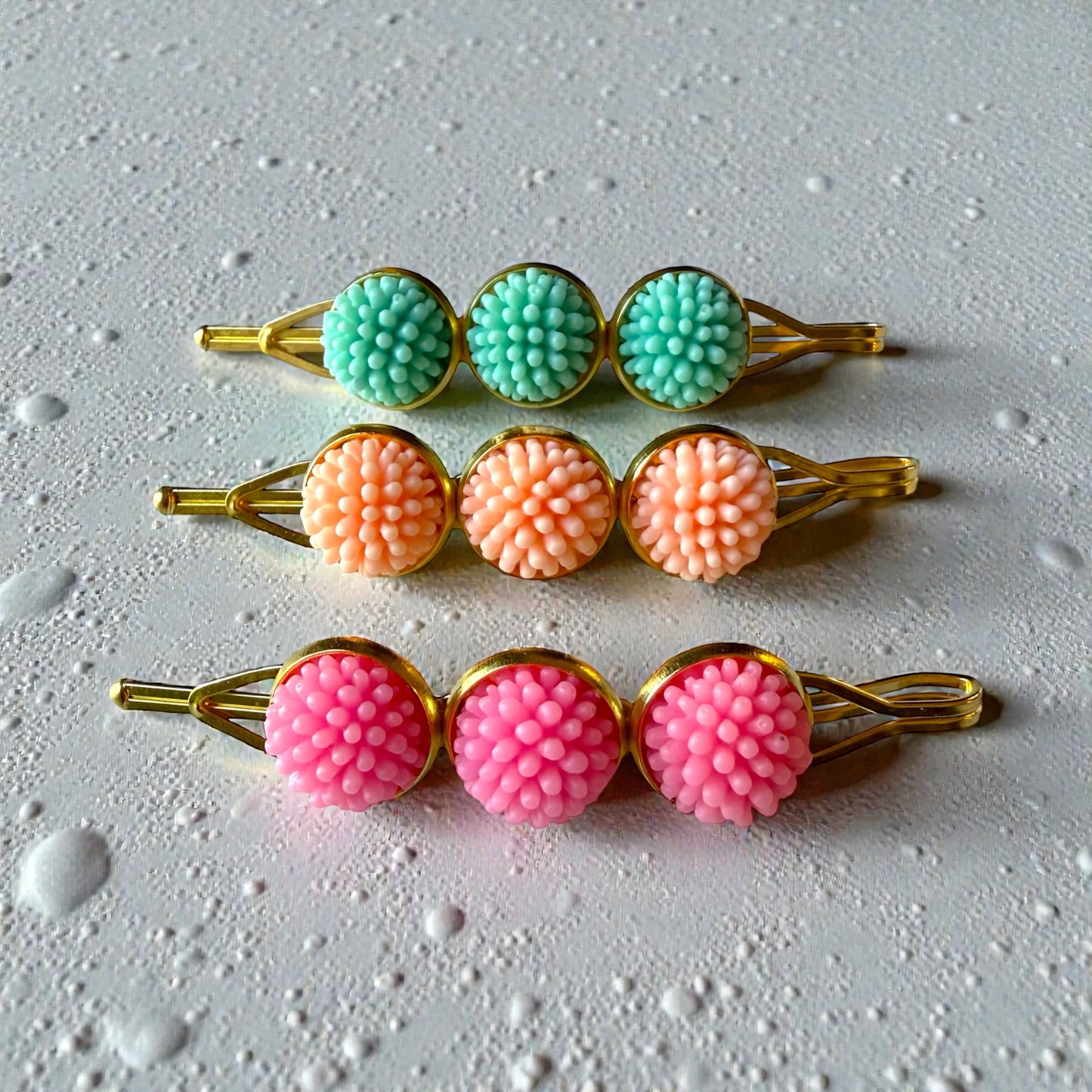 Pastel Pom Pom Flower Hair Pins – Pink Mint Peach Gold Bobby Pins