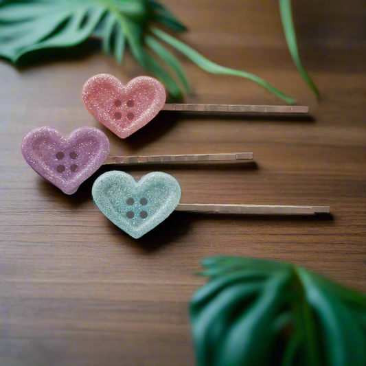 Pink, Purple, & Blue Glitter Heart Hair Pins - Sparkling Accessories