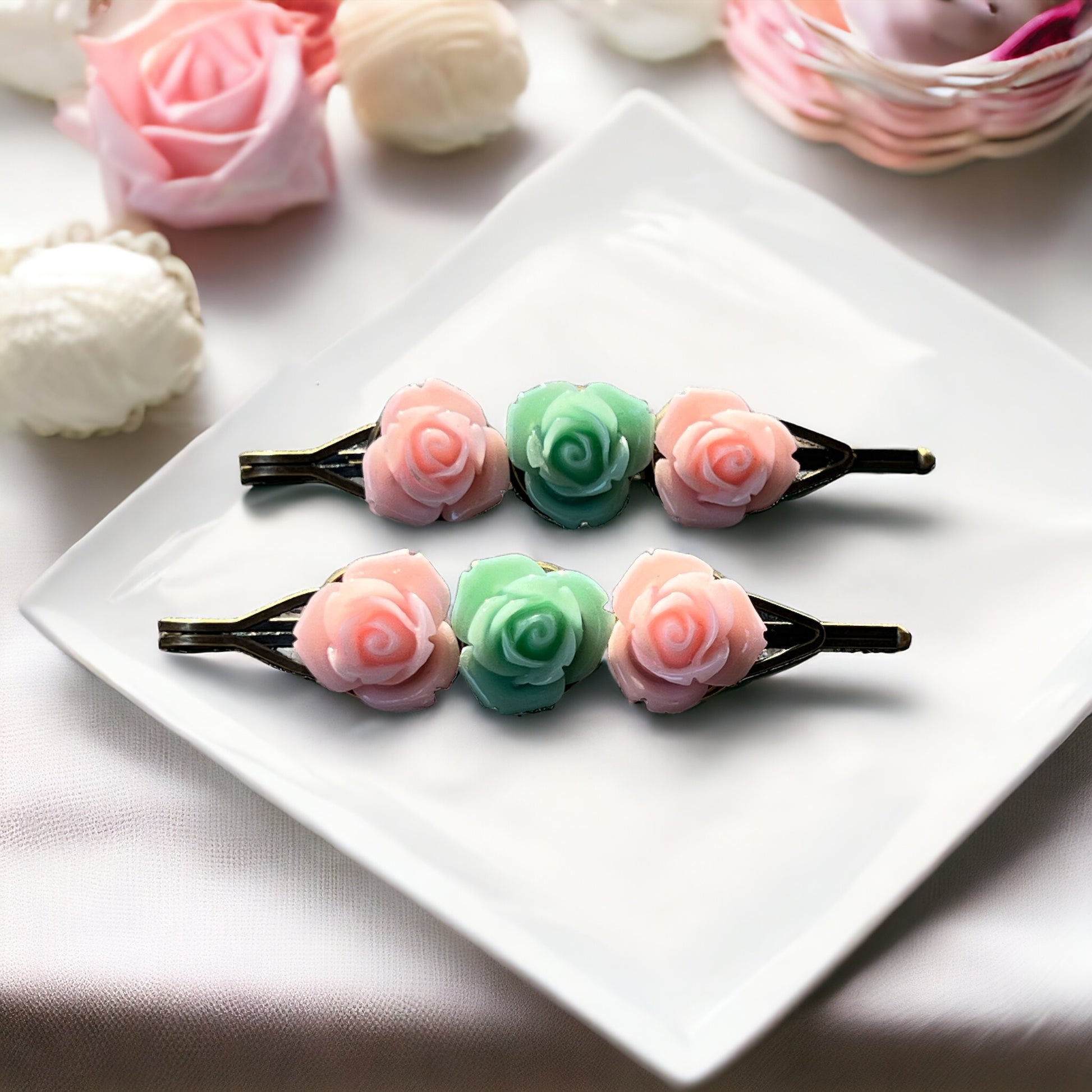 Blush & Mint Rose Hair Pins – Set of 2 Cottagecore Accessories