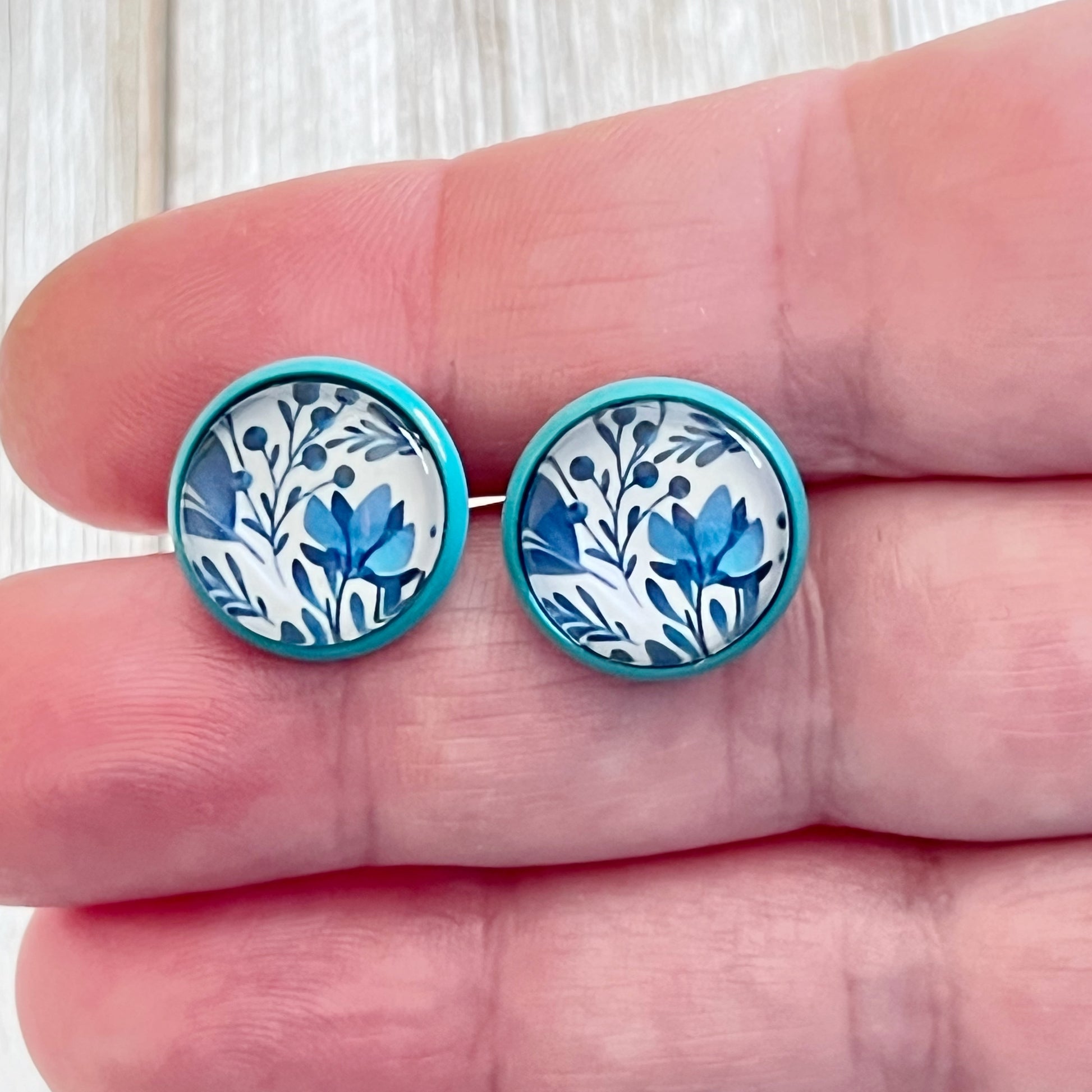 Blue Floral Stud Earrings – Round Botanical Jewelry in Teal Bezel