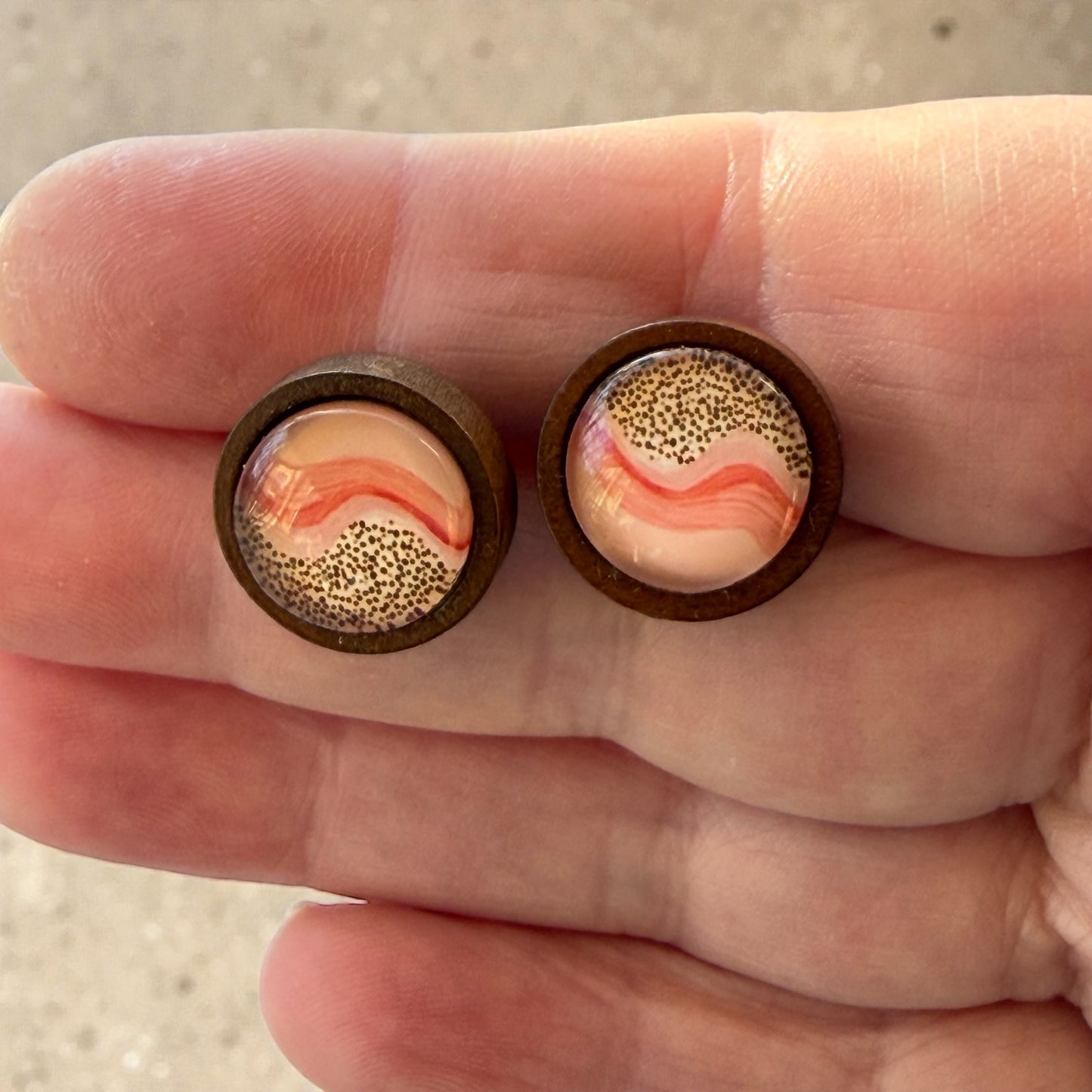 Desert Sunrise Boho Wood Stud Earrings – Peach & Terracotta Dots