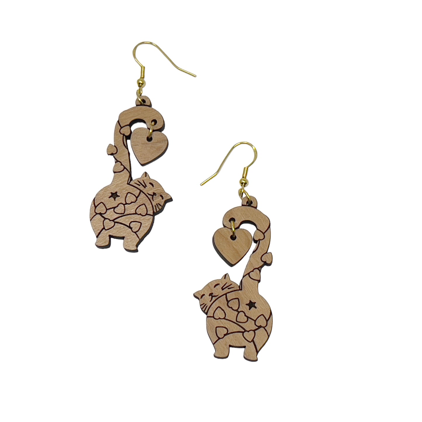 Heart Cat Dangle Earrings – Whimsical Love-Themed Wooden Jewelry