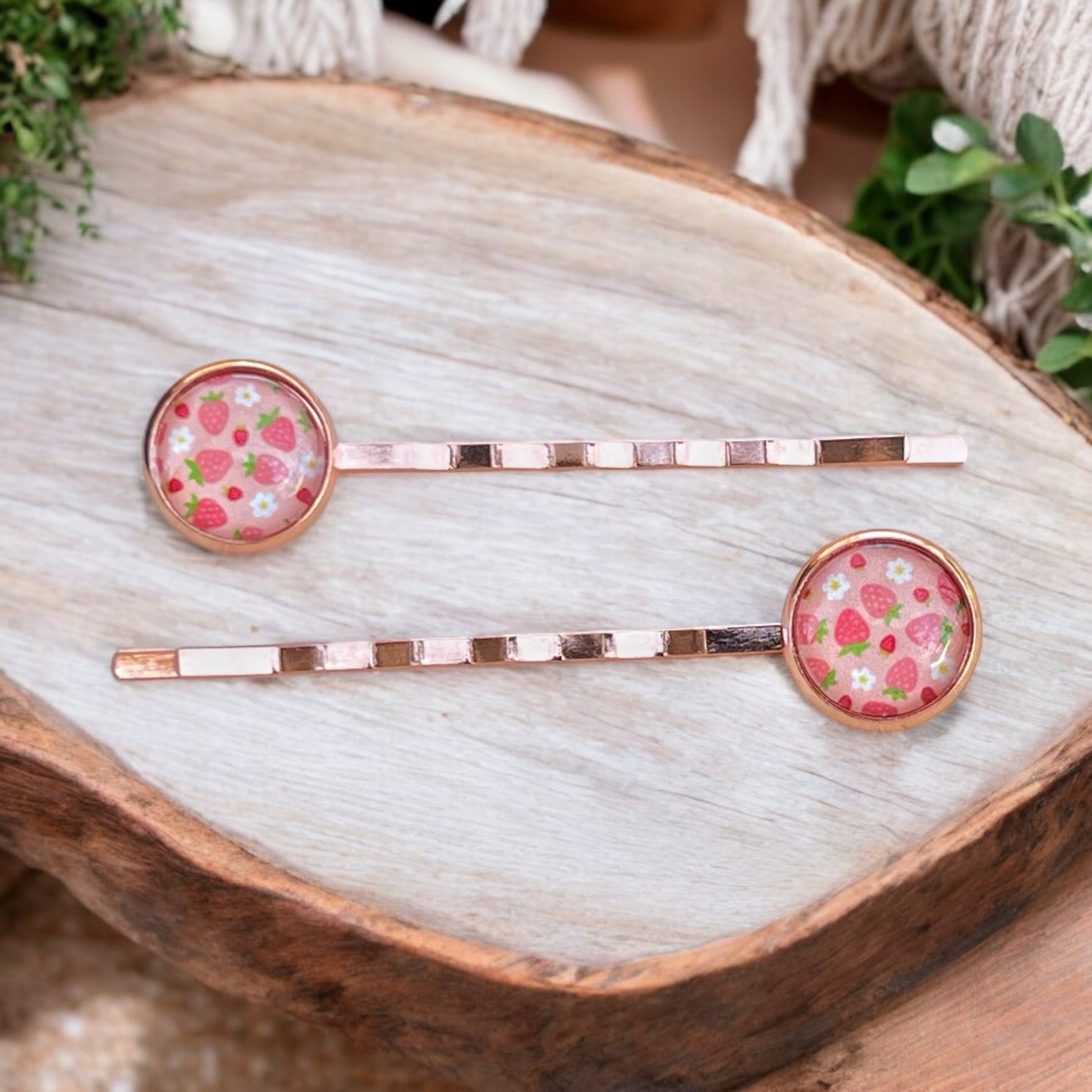 Pink Strawberry Hair Pins – Set of 2 Rose Gold Fruit-Inspired Accessories