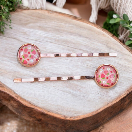Pink Strawberry Hair Pins – Set of 2 Rose Gold Fruit-Inspired Accessories