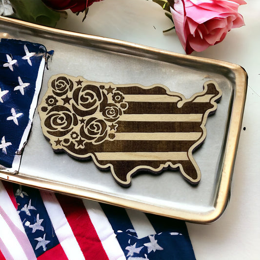 USA Shaped Magnet for Home Work School Office, Patriotic Decor Gift, Floral United States Flag Paintable Magnet, Boho Flower Wood Decoration