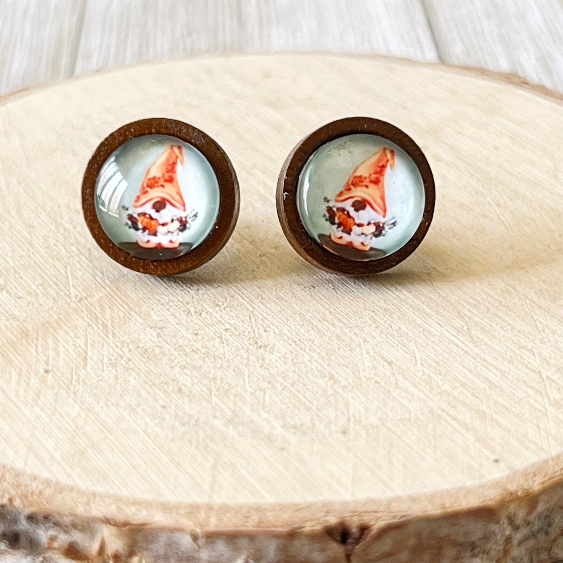 Gnome Pumpkin Stud Earrings – Whimsical Fall Harvest Jewelry in Wood