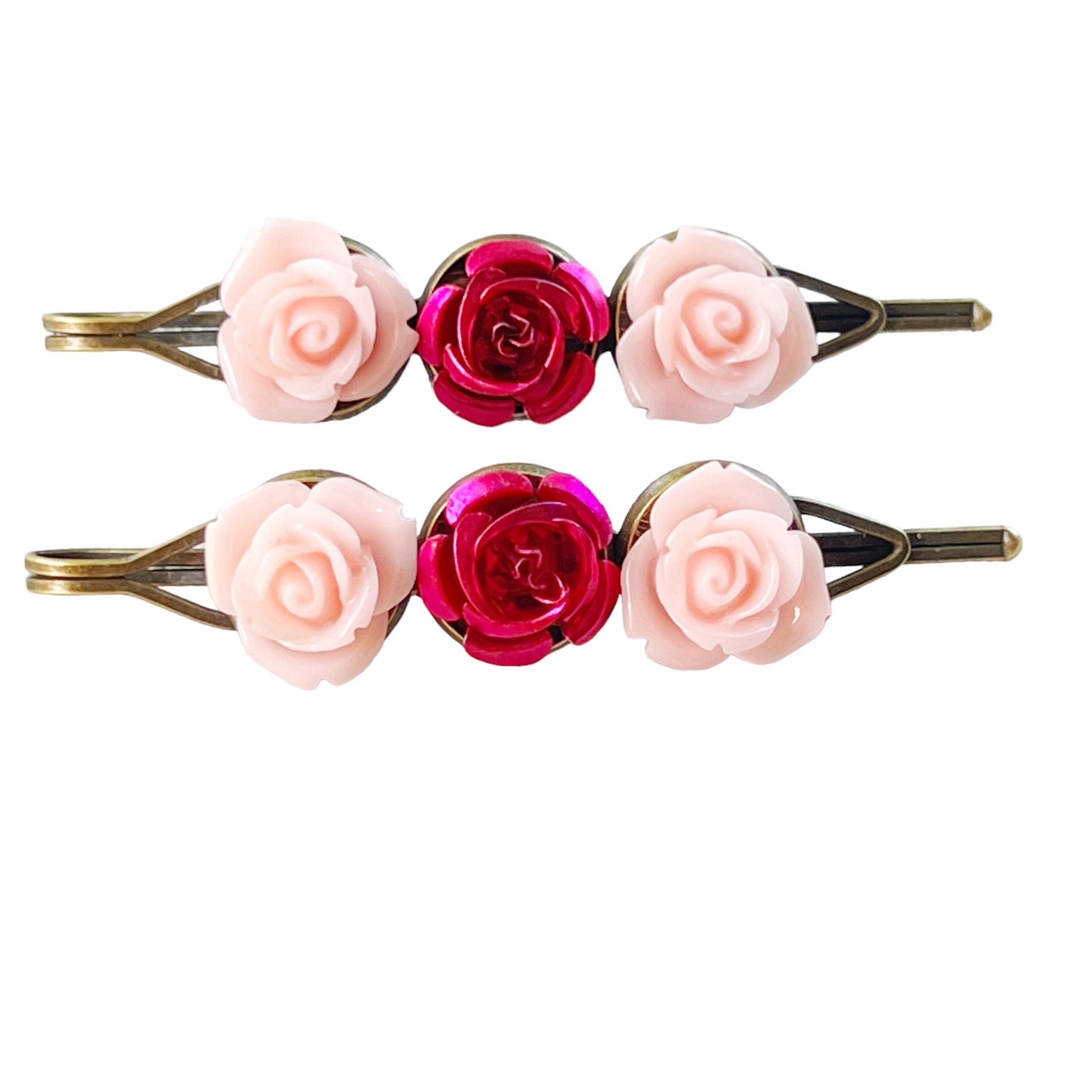 Pink & Red Rose Hair Pins – Vintage-Inspired Floral Bobby Pin Set