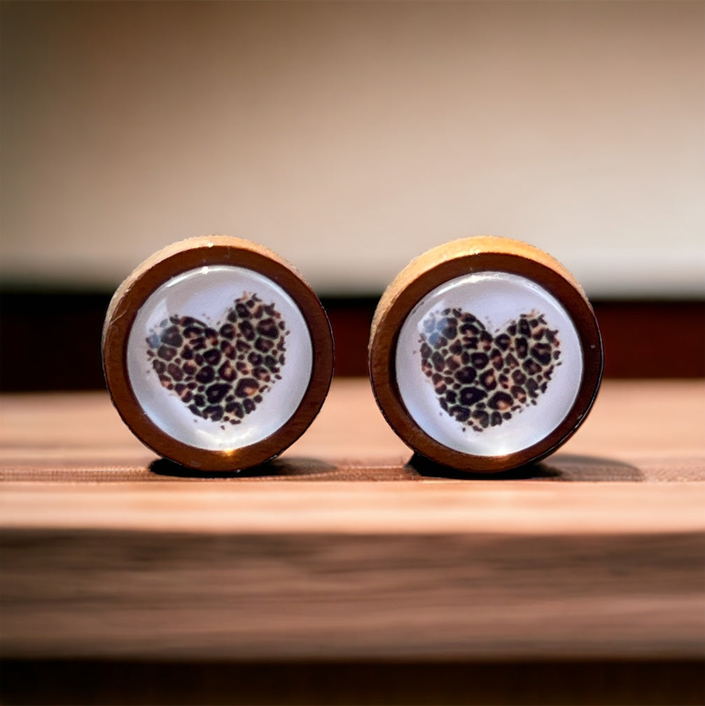 Wooden Leopard Print Heart Stud Earrings – Wild & Playful Statement Jewelry