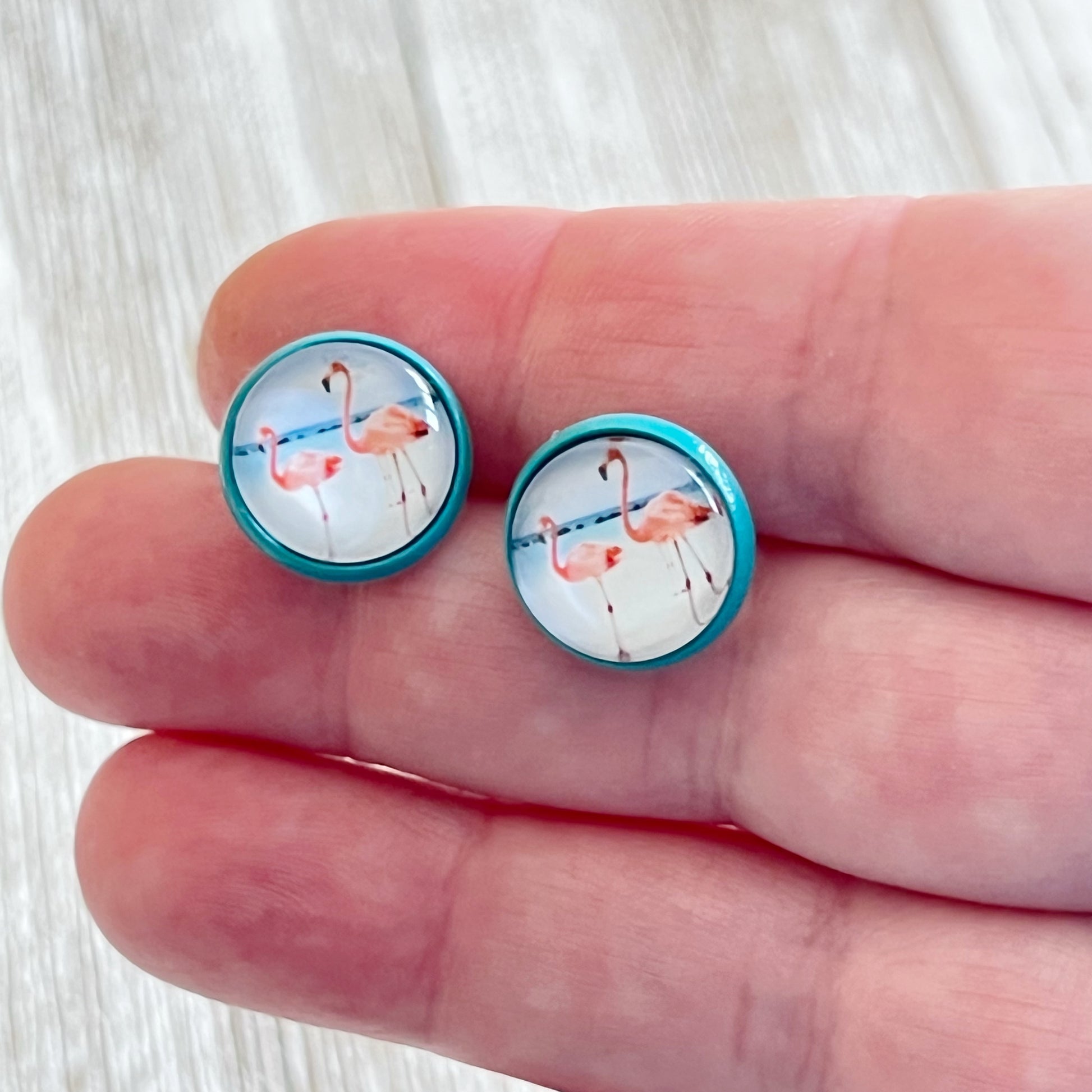 Flamingo Stud Earrings – Tropical Beach Jewelry in Teal Bezel Setting