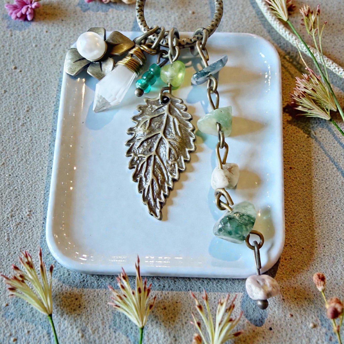 Earthy Leaf Gemstone Purse Charm – Boho Nature Keychain for Her