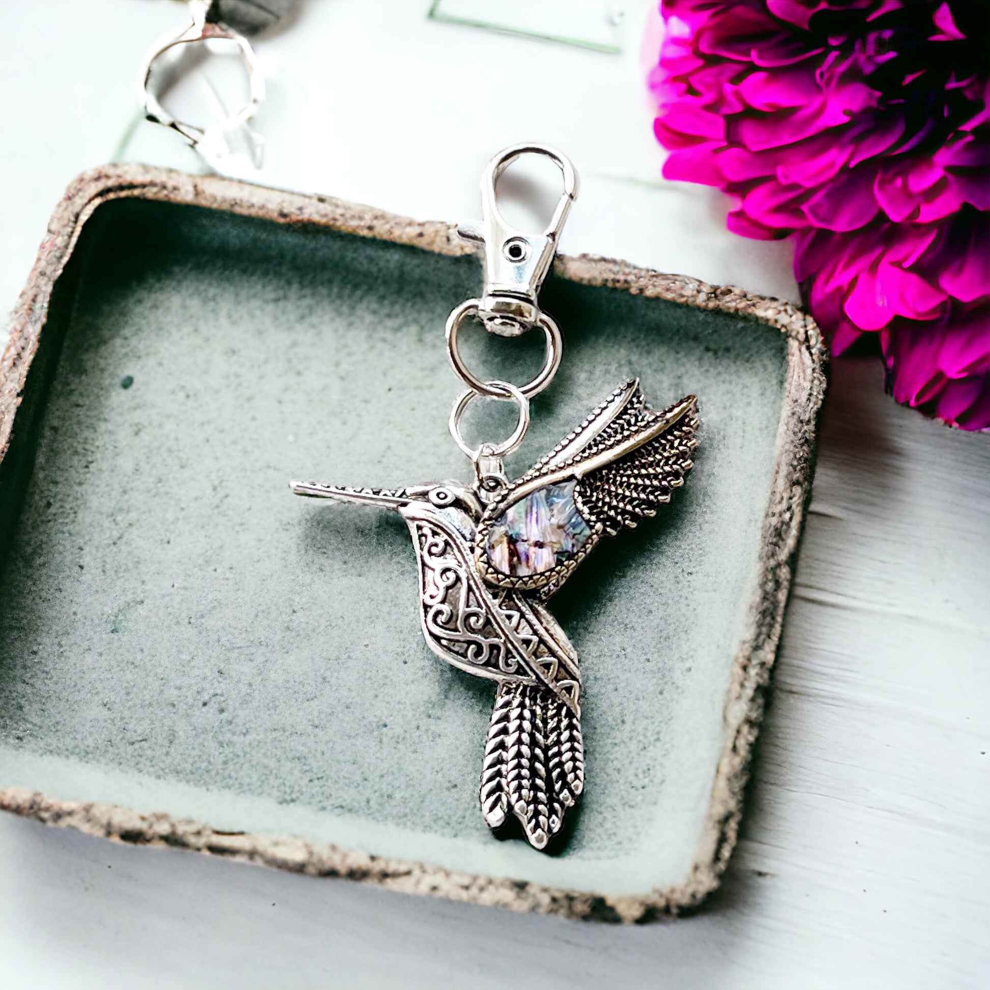 Abalone Hummingbird Purse Charm – Silver Bird Keychain with Etched Boho Details
