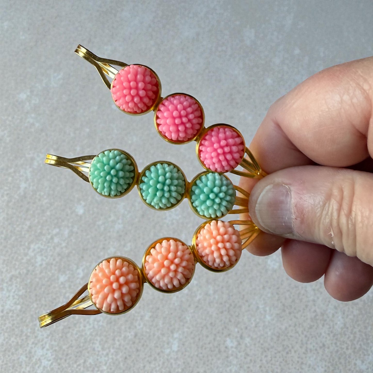 Pastel Pom Pom Flower Hair Pins – Pink Mint Peach Gold Bobby Pins