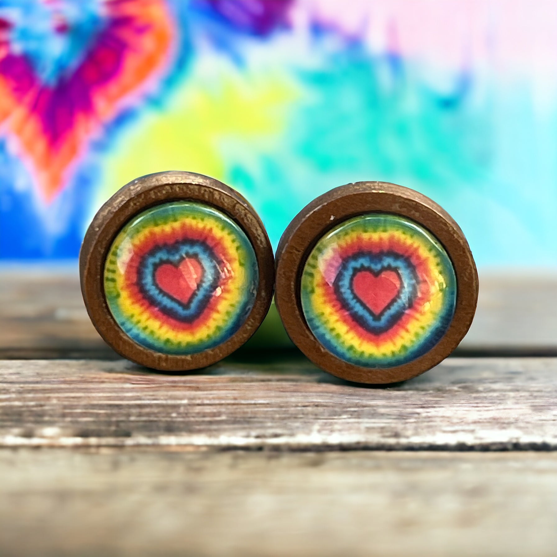Rainbow Tie-Dye Heart Stud Earrings – Retro Wooden Jewelry