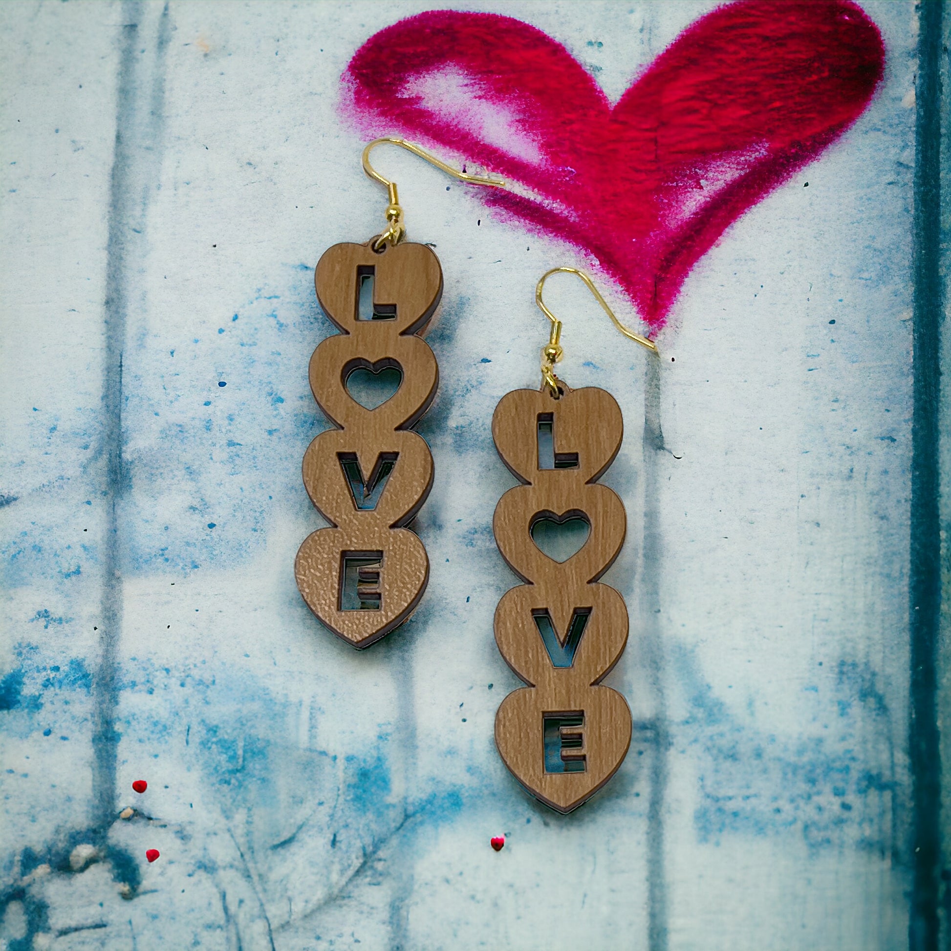 Stacked LOVE Heart Earrings – Bold Wooden Valentine’s Jewelry