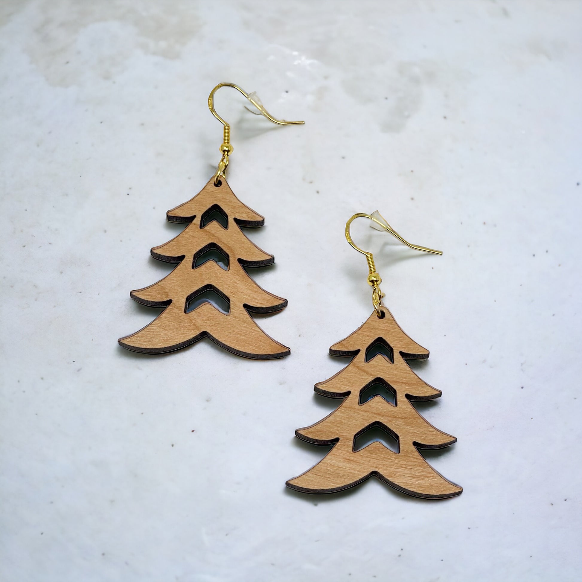 Rustic Tree Cutout Earrings – Wooden Christmas Tree Dangle Earrings