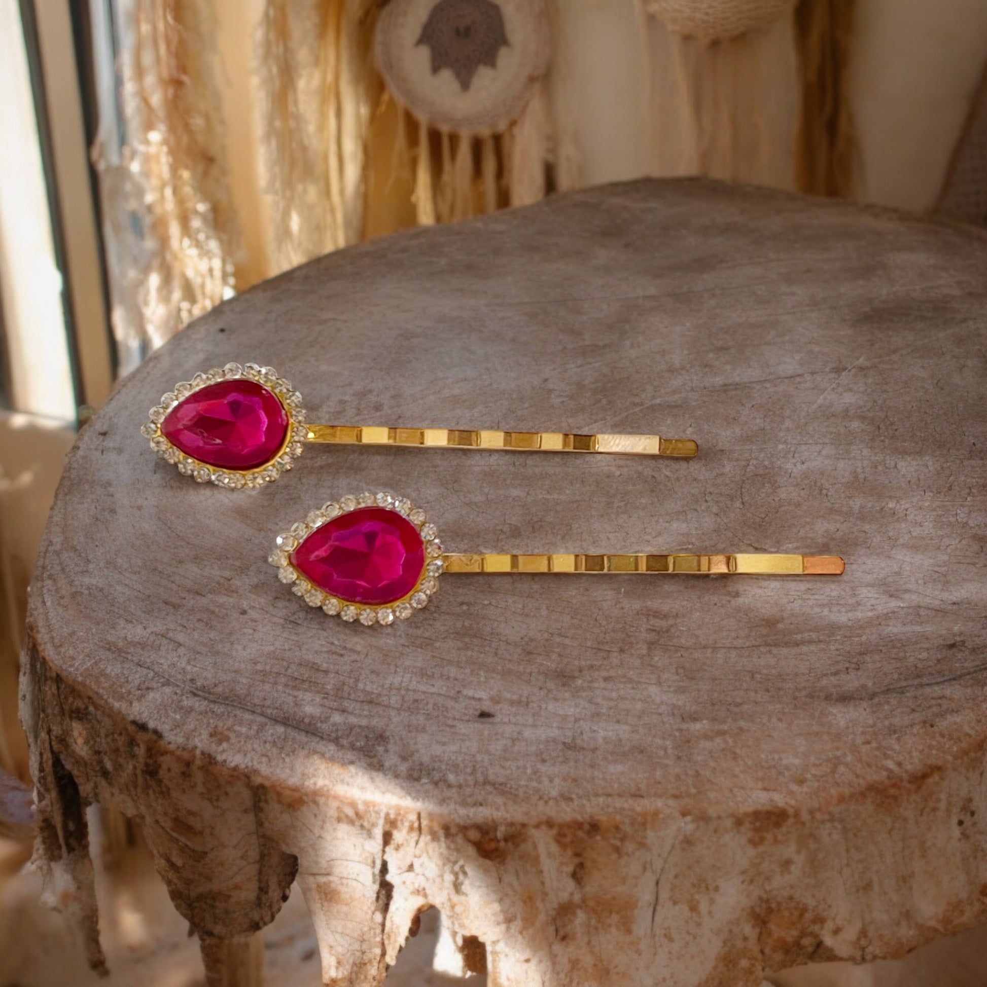 Hot Pink Teardrop Hair Pins – Set of 2 Boho Glam Accessories