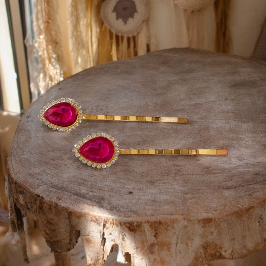 Hot Pink Teardrop Hair Pins – Set of 2 Boho Glam Accessories
