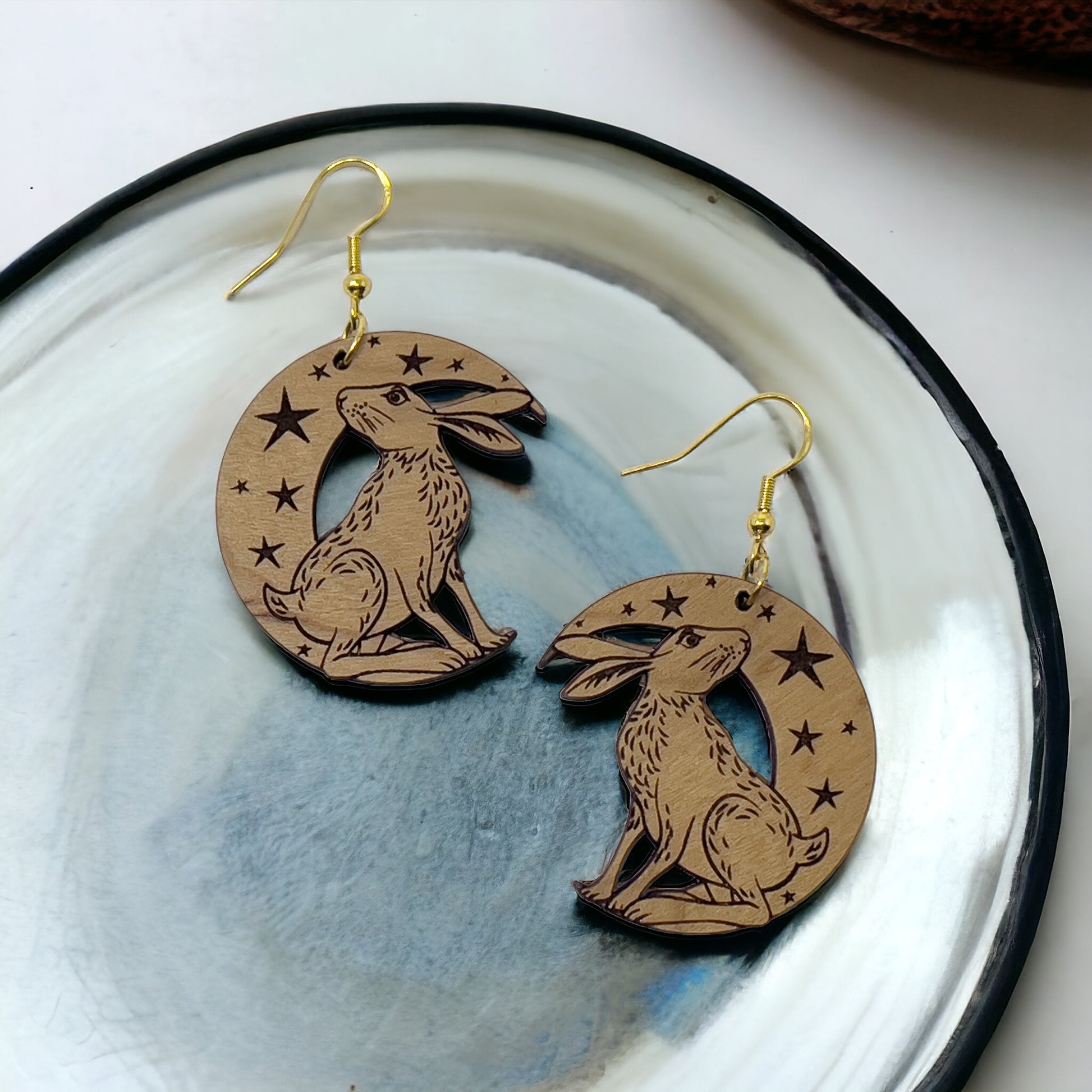 Moonlit Rabbit Earrings – Wooden Celestial Forest Jewelry with Gold Hooks