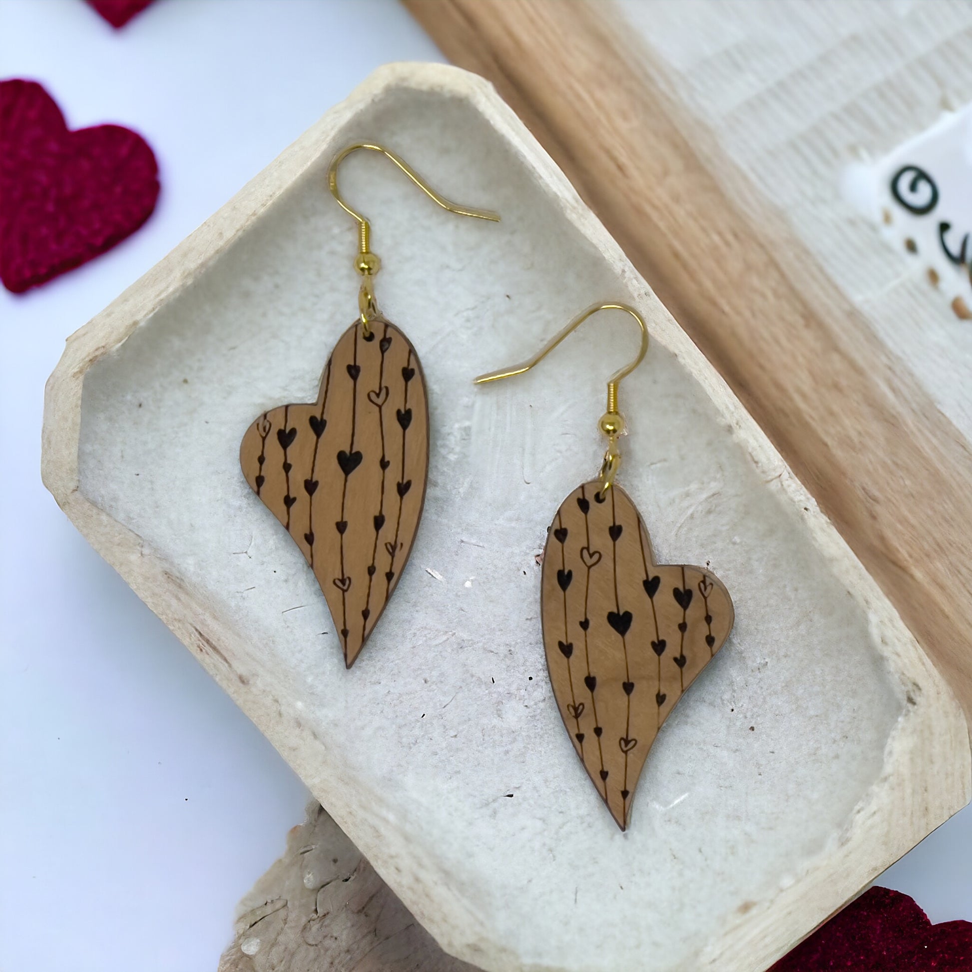Etched Heart Drop Earrings – Asymmetrical Wooden Love Jewelry with Gold Hooks