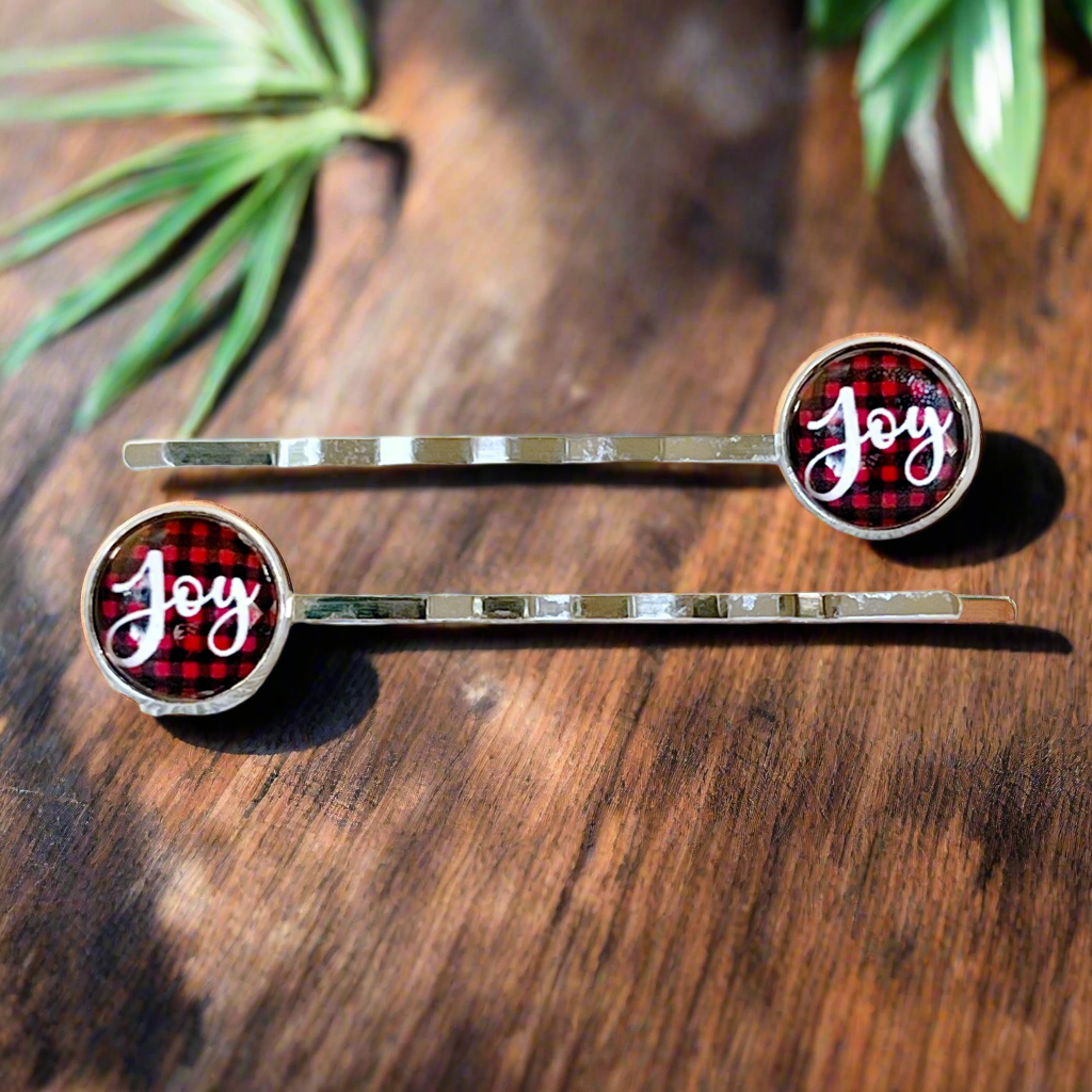 Red Buffalo Plaid Joy Christmas Holiday Bobby Pins