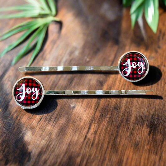 Red Buffalo Plaid Joy Christmas Holiday Bobby Pins