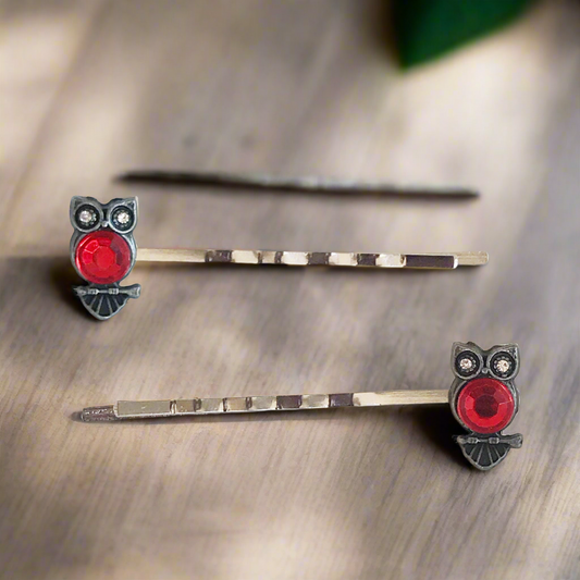 Red Rhinestone Owl Bobby Pins: Sparkling Owl Hair Pin Set of 2