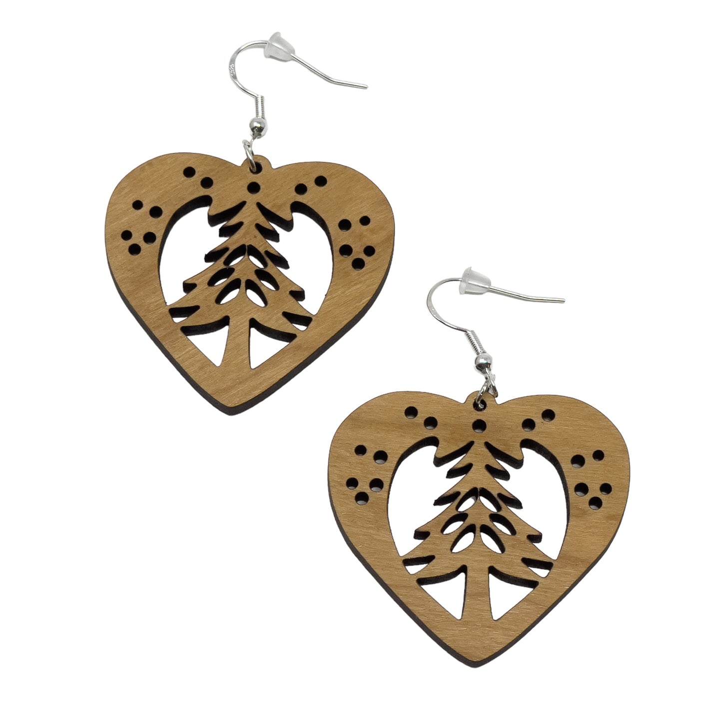 Heart Tree Cutout Earrings – Wooden Christmas Forest Dangles with Gold Hooks