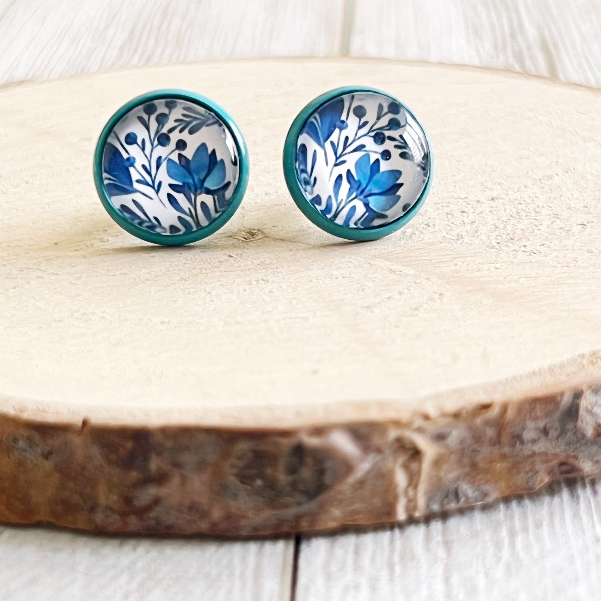 Blue Floral Stud Earrings – Round Botanical Jewelry in Teal Bezel