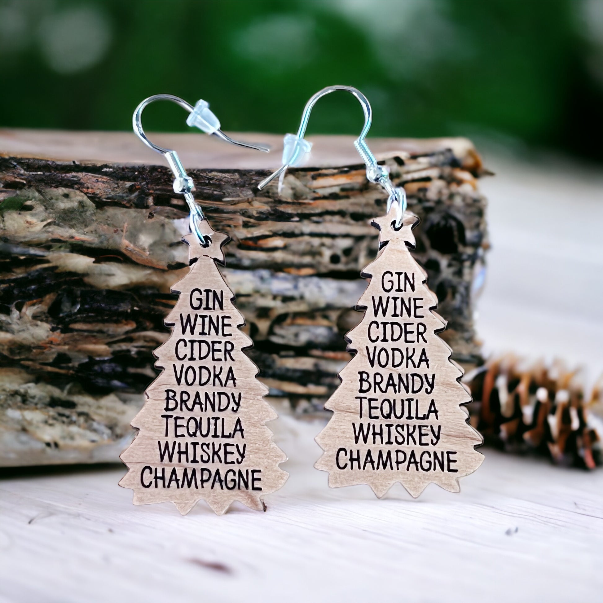 Holiday Drink List Tree Earrings – Funny Wooden Christmas Jewelry