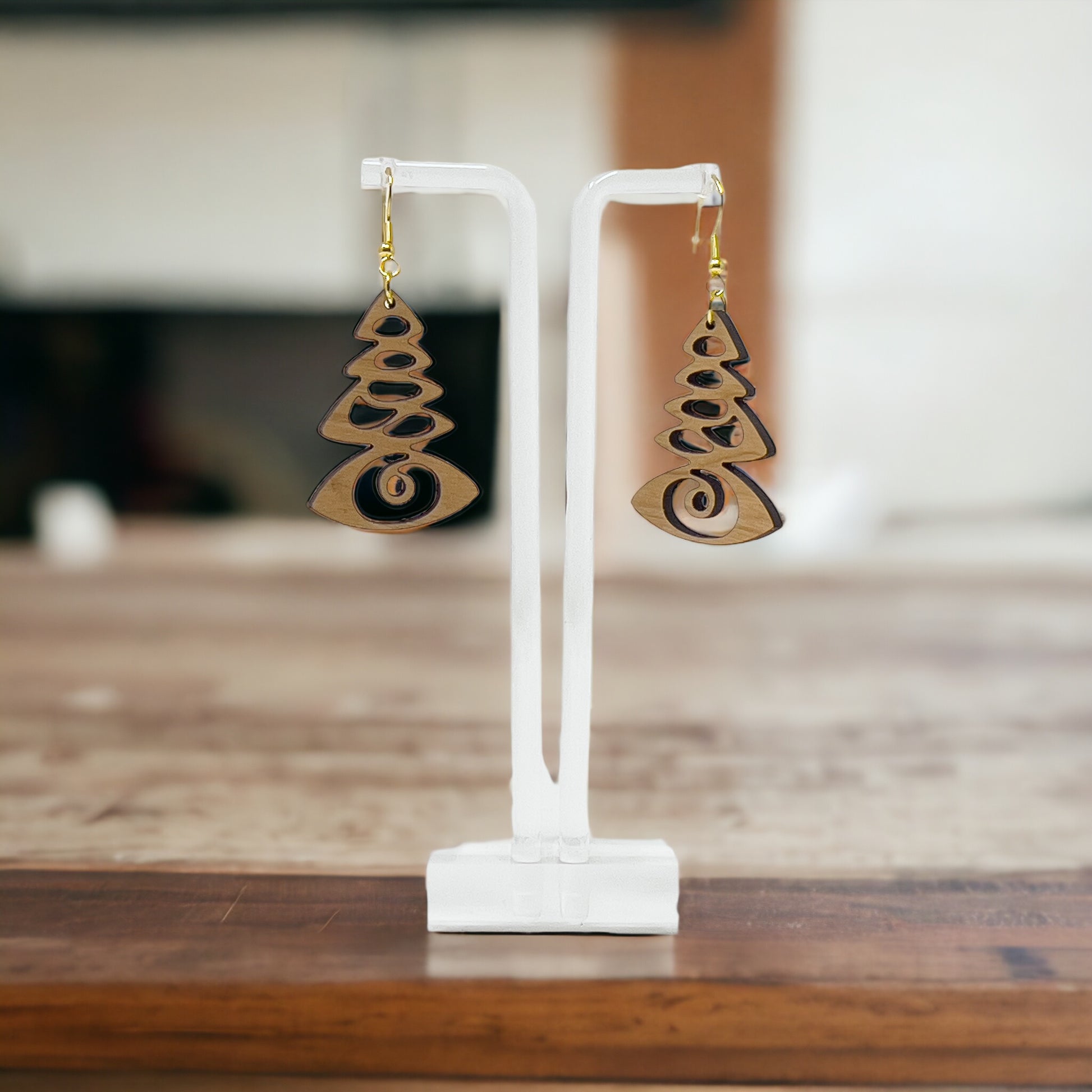 Mystic Pine Eye Earrings – Wooden Holiday Tree Jewelry with a Twist