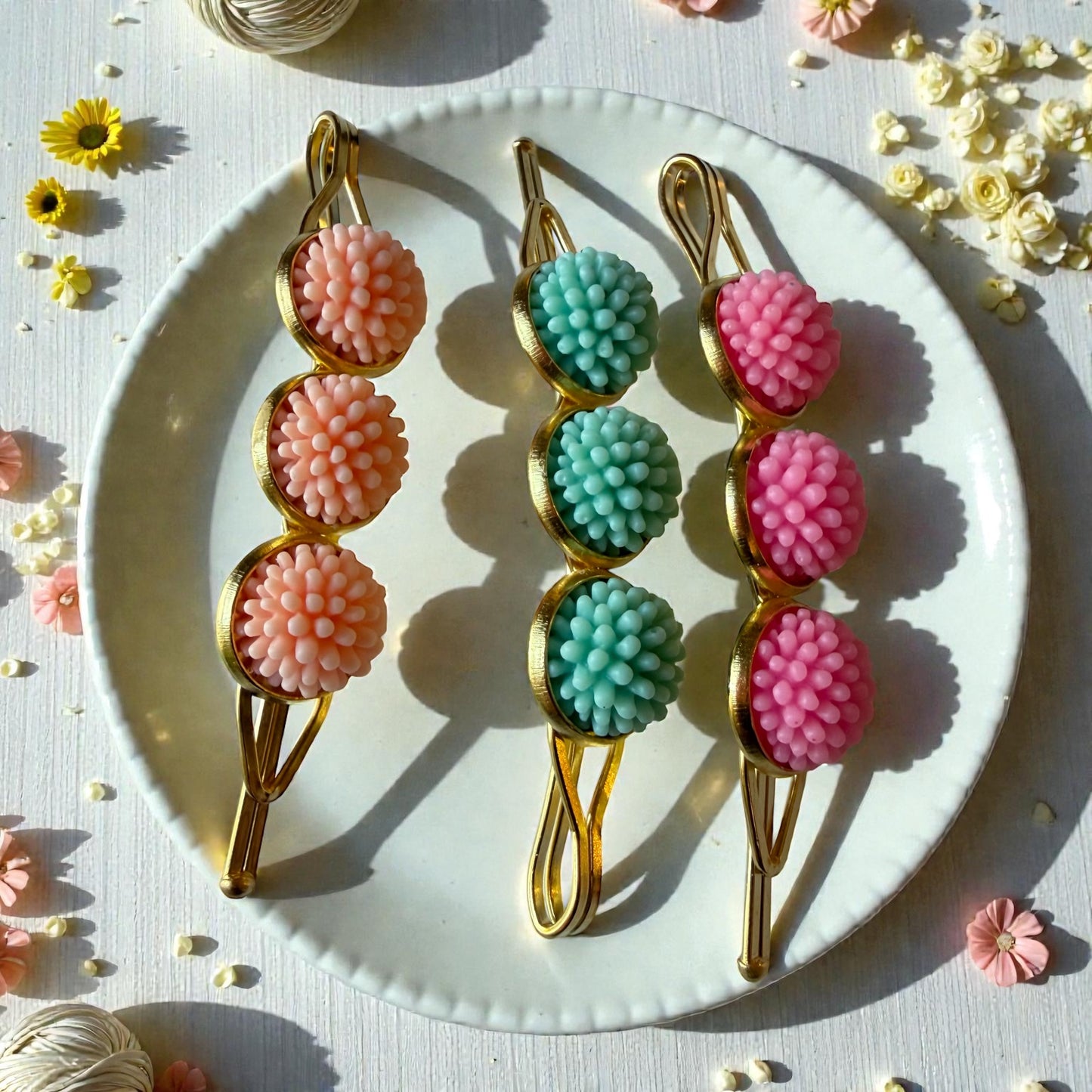 Pastel Pom Pom Flower Hair Pins – Pink Mint Peach Gold Bobby Pins