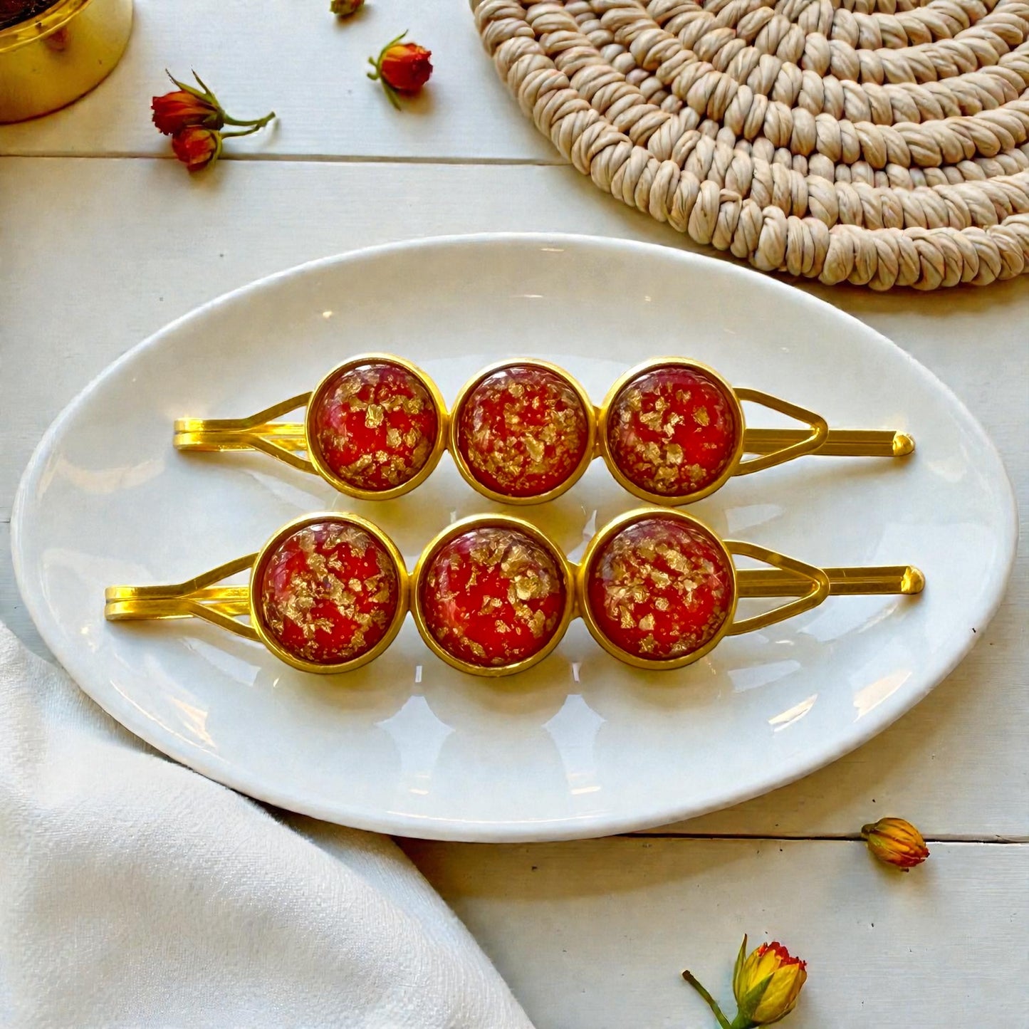 Red & Gold Glitter Hair Pins – Gold Bobby Pin Set for Women & Teens