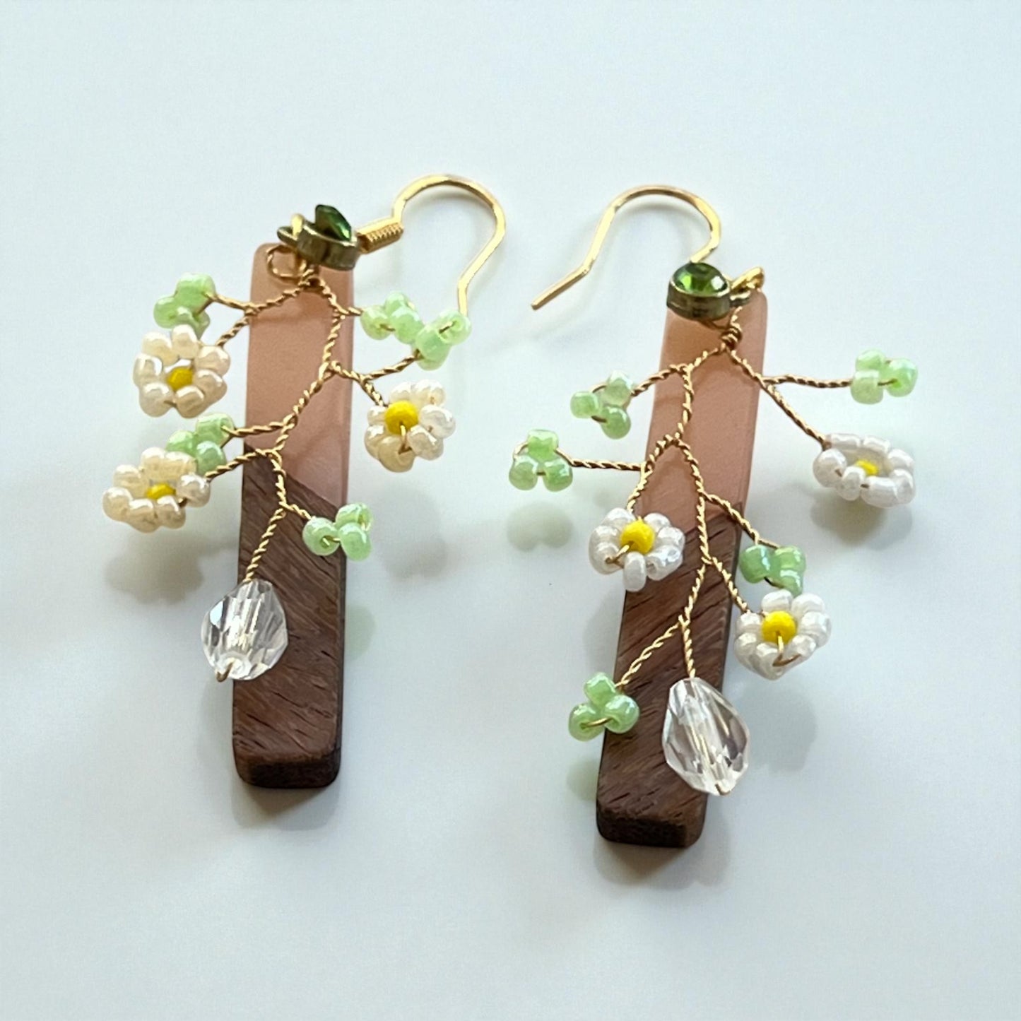 Daisy Vine Wood & Blush Bar Earrings – Boho Nature Dangle Jewelry