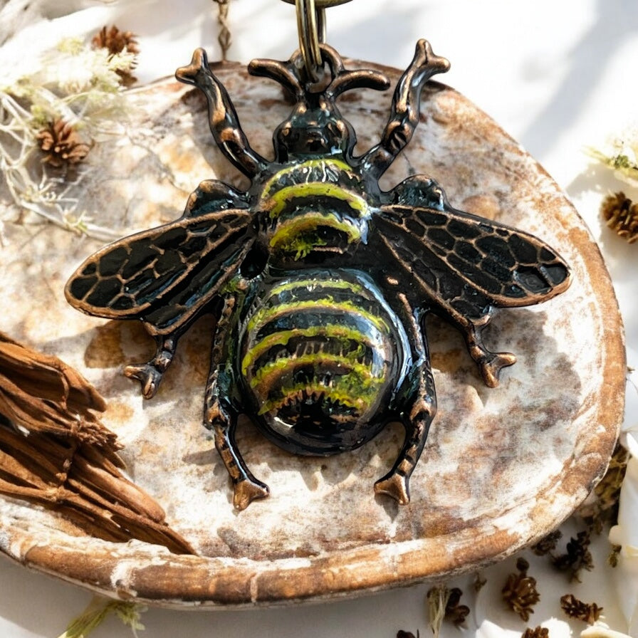 Hand Painted Bee Purse Charm – Vintage Copper Bee Keychain