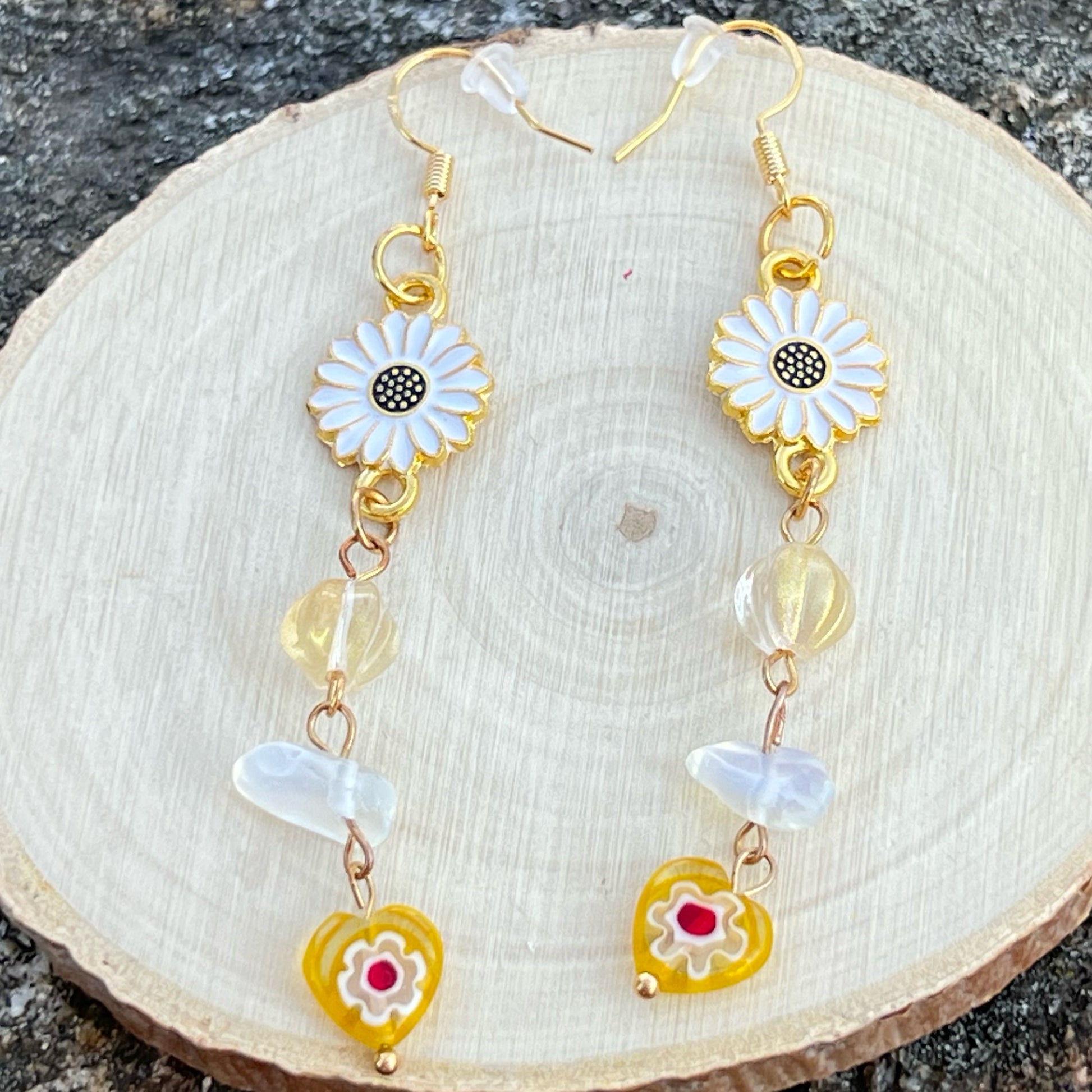 Daisy & Heart Dangle Earrings – Handmade Boho Drop Jewelry