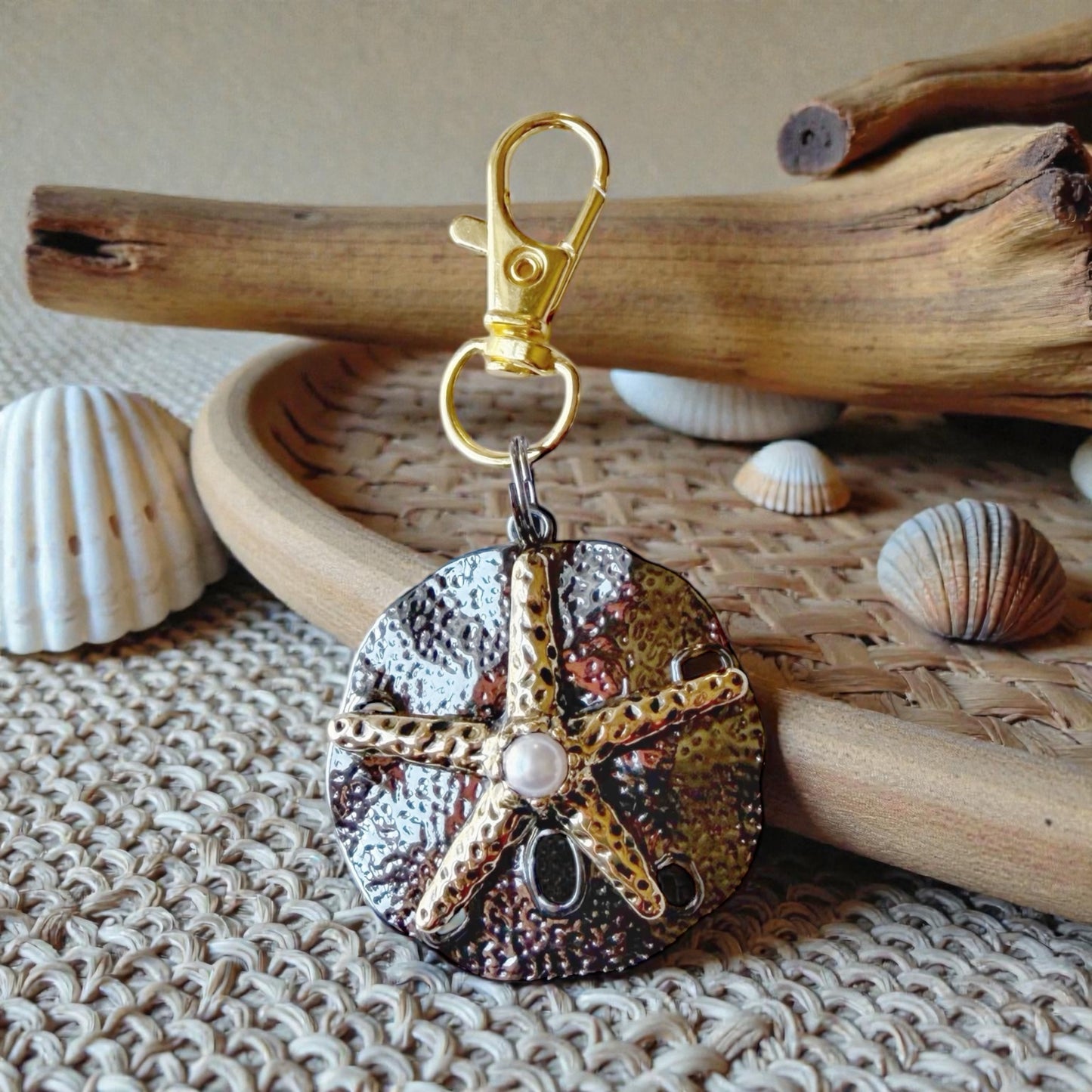 Sand Dollar Starfish Purse Charm – Coastal Boho Bag Accessory
