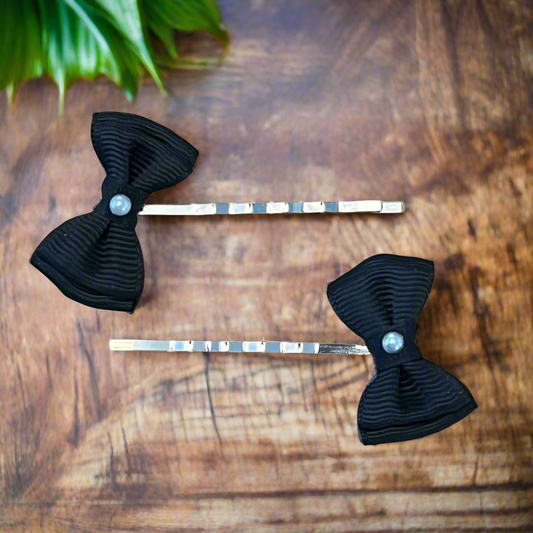 Black Bow with White Bead Hair Pins - Elegant Hair Accessories