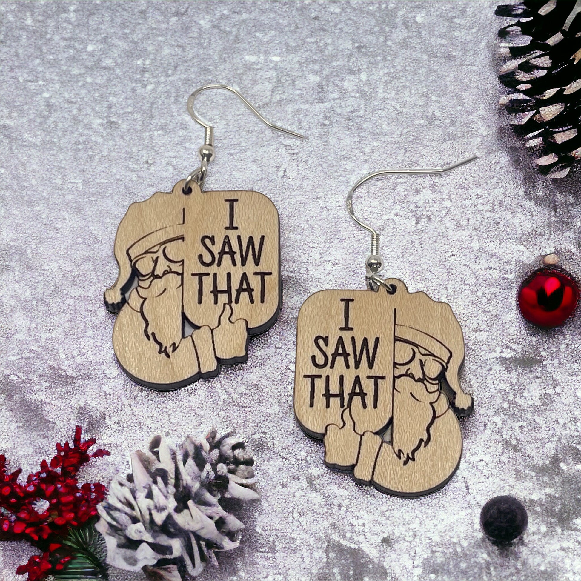 “I Saw That” Santa Earrings – Funny Etched Wood Christmas Jewelry
