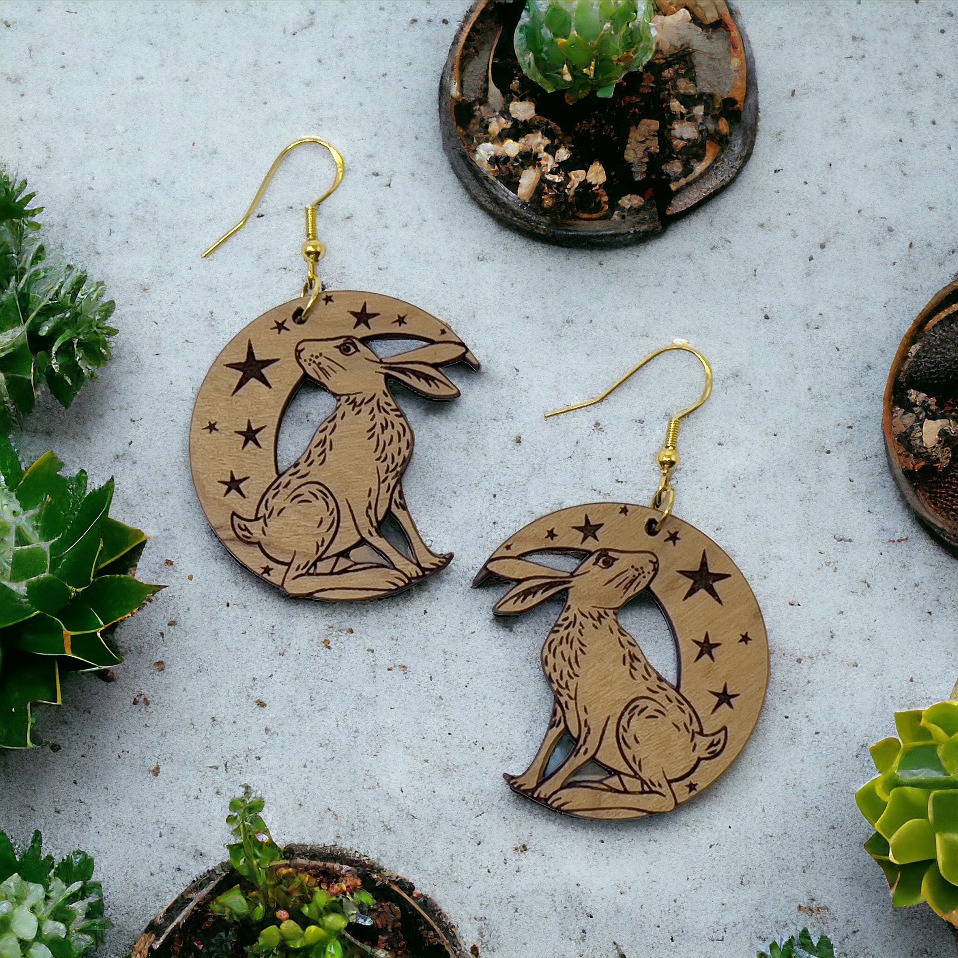 Moonlit Rabbit Earrings – Wooden Celestial Forest Jewelry with Gold Hooks