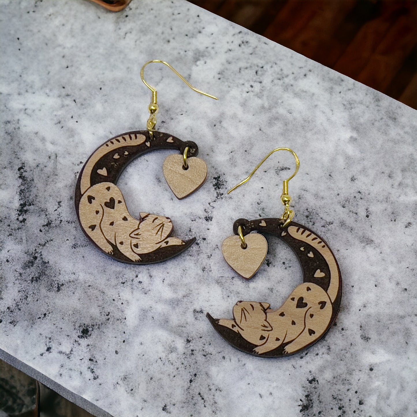 Customizable Valentines Wood Crescent Moon Cat Heart Earrings, Personalized Handcrafted Dangle Earrings, Cute Gifts for Cat Lover Girlfriend